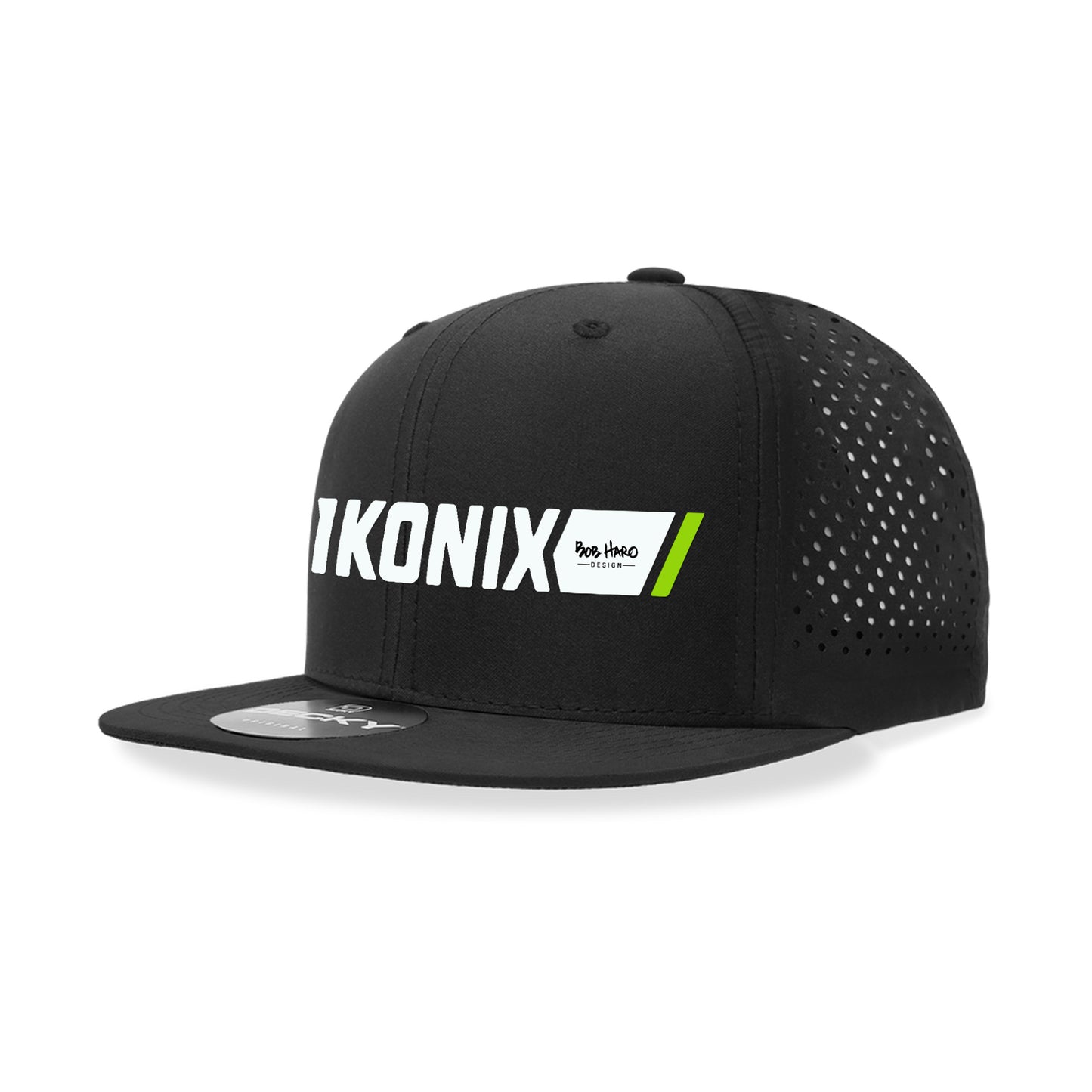 A black IKONIX bicycle brand hat with a flat visor, featuring white and green text on the front, placed against a white background.