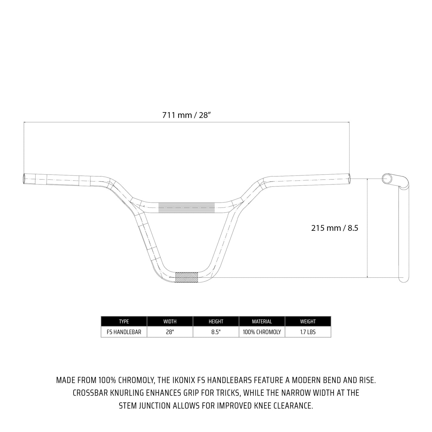 Dimensional drawings of an IKONIX FS bicycle handlebar on a white background