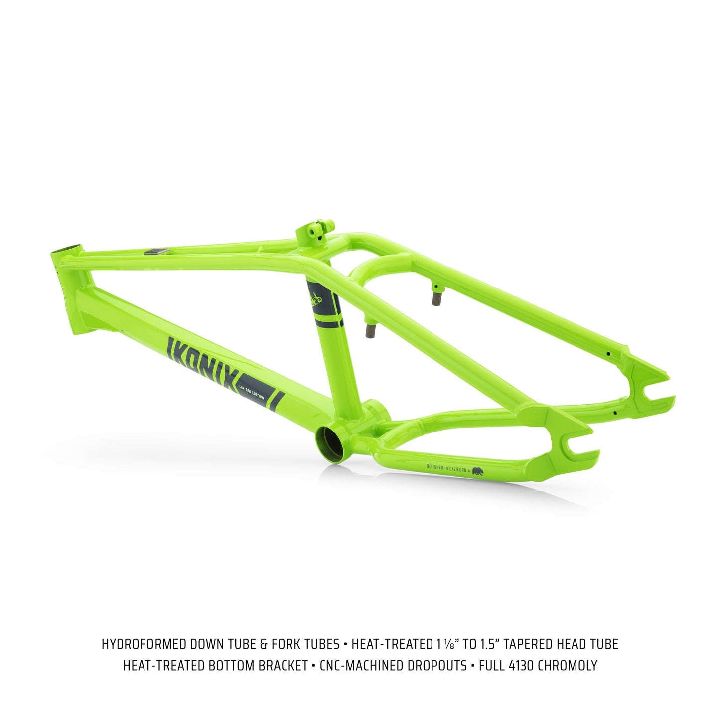 A green IKONIX FS1 frame with call-outs listing features