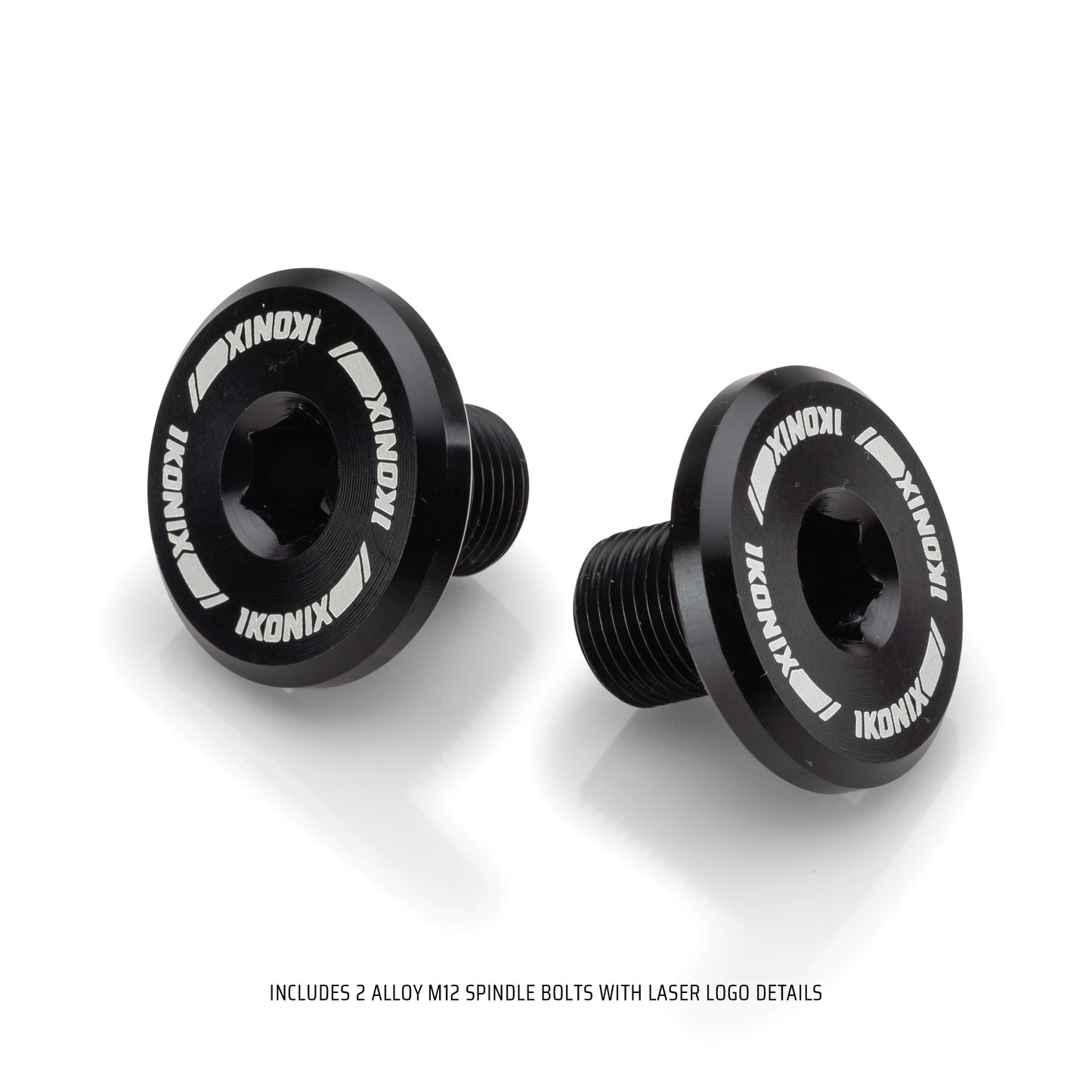Two black alloy M2 spindle bolts with laser IKONIX logo details on a white background
