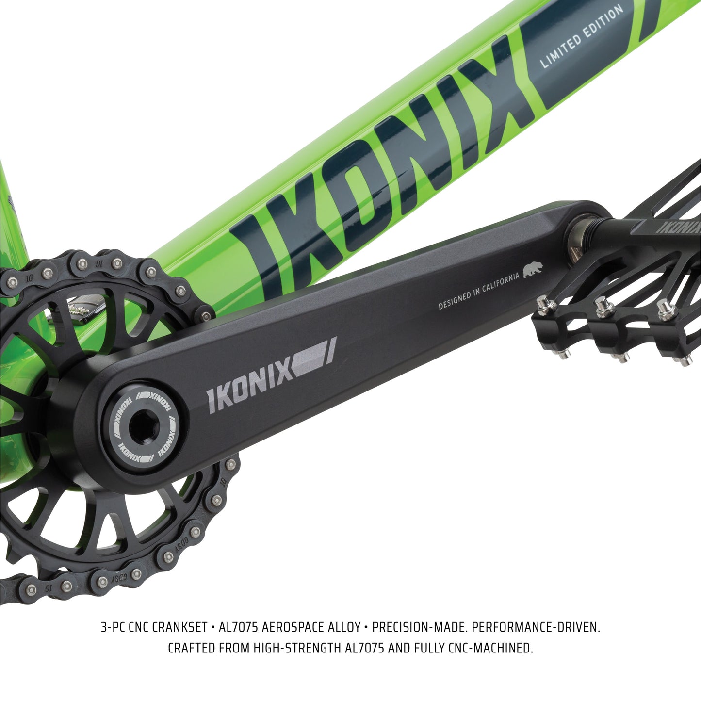 IKONIX bicycle crankset on a green FS1 frame on a white background