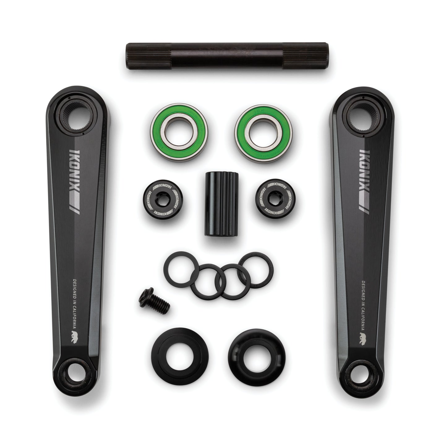 IKONIX BMX crankset components including cranks, bearings, and washers on a white background