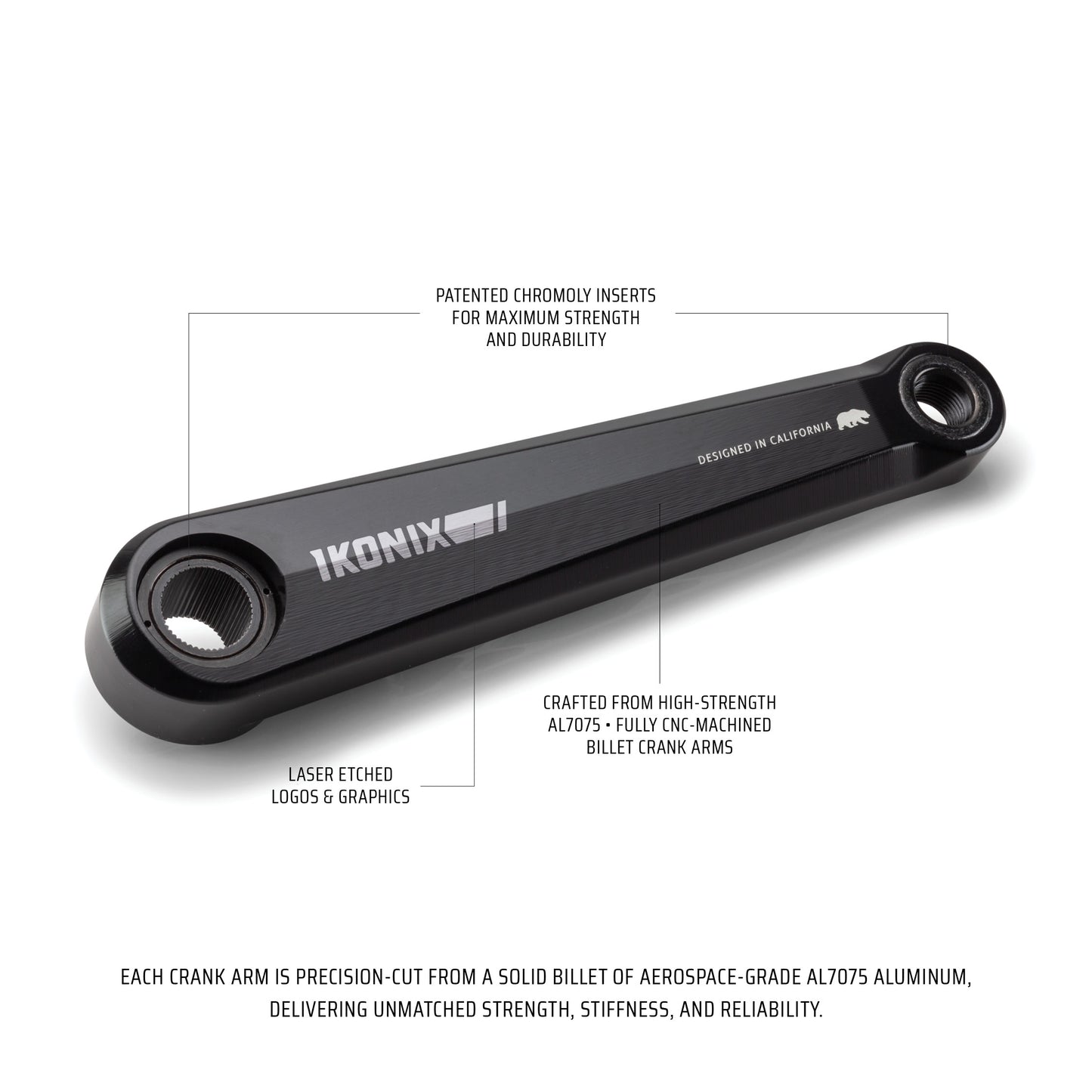 Black bicycle crank arm with Ikonix branding on a white background