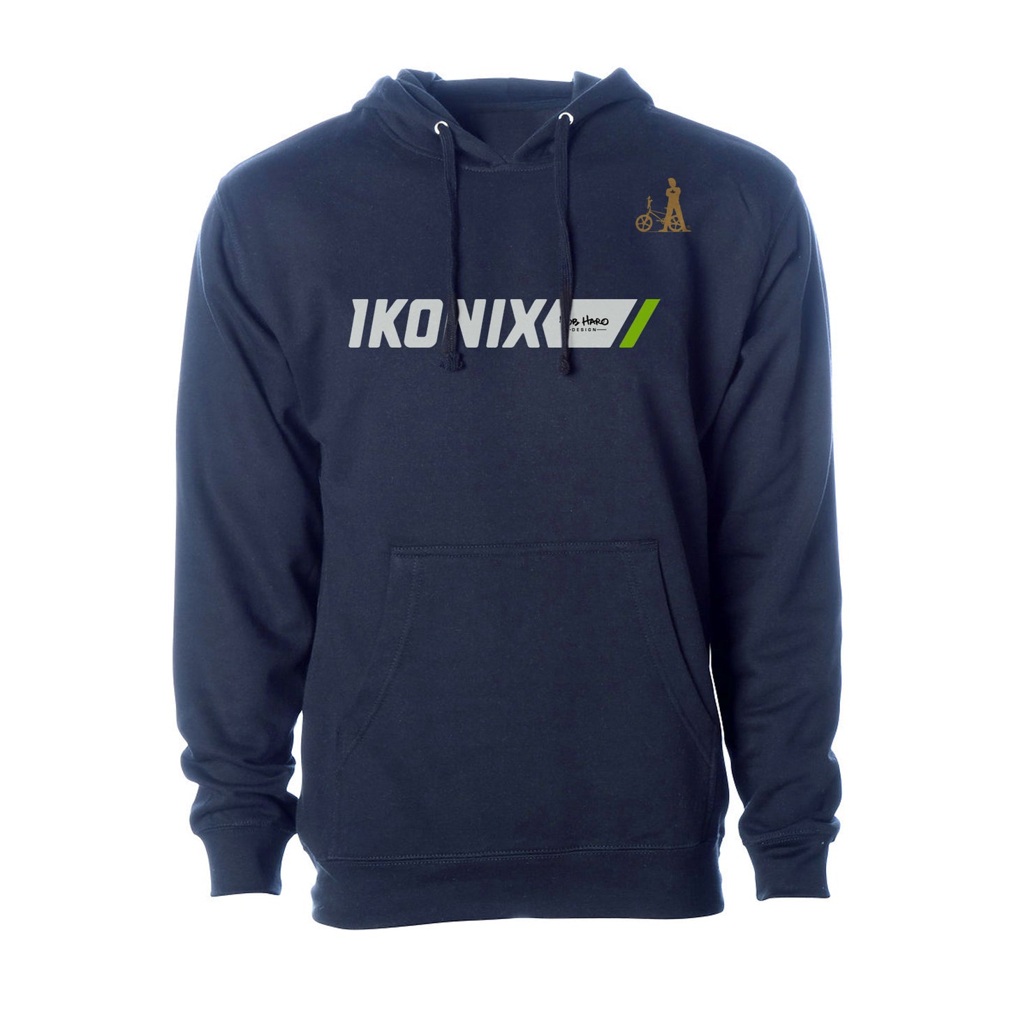 A navy blue IKONIX hoodie with a hood, front pocket, and graphic text on the front.