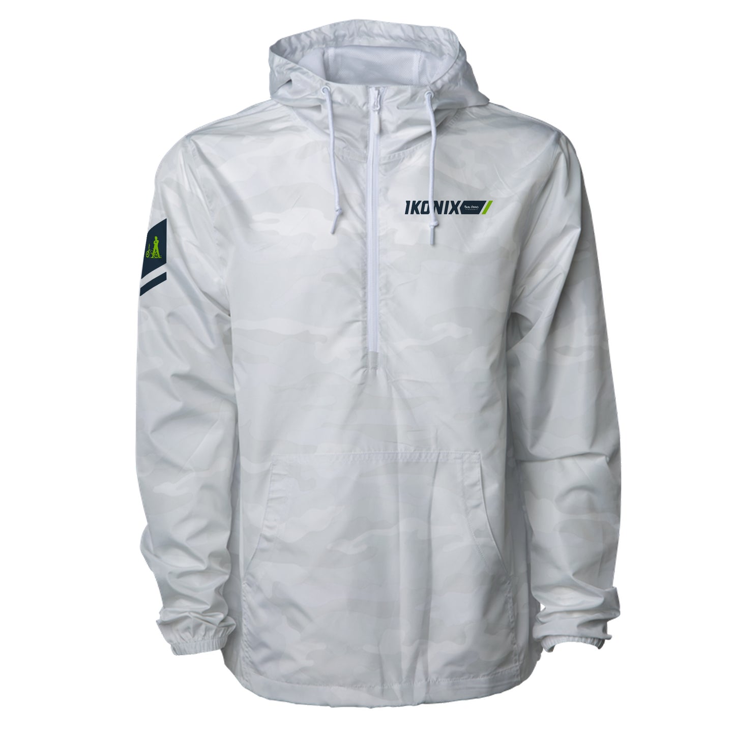 A white IKONIX Sno-Camo Windbreaker jacket with a hood, zip front closure, and scuba neck. It features the IKONIX/Bob Haro Designs logo on the chest and the legendary Bob Haro rider icon logo on the shoulder.