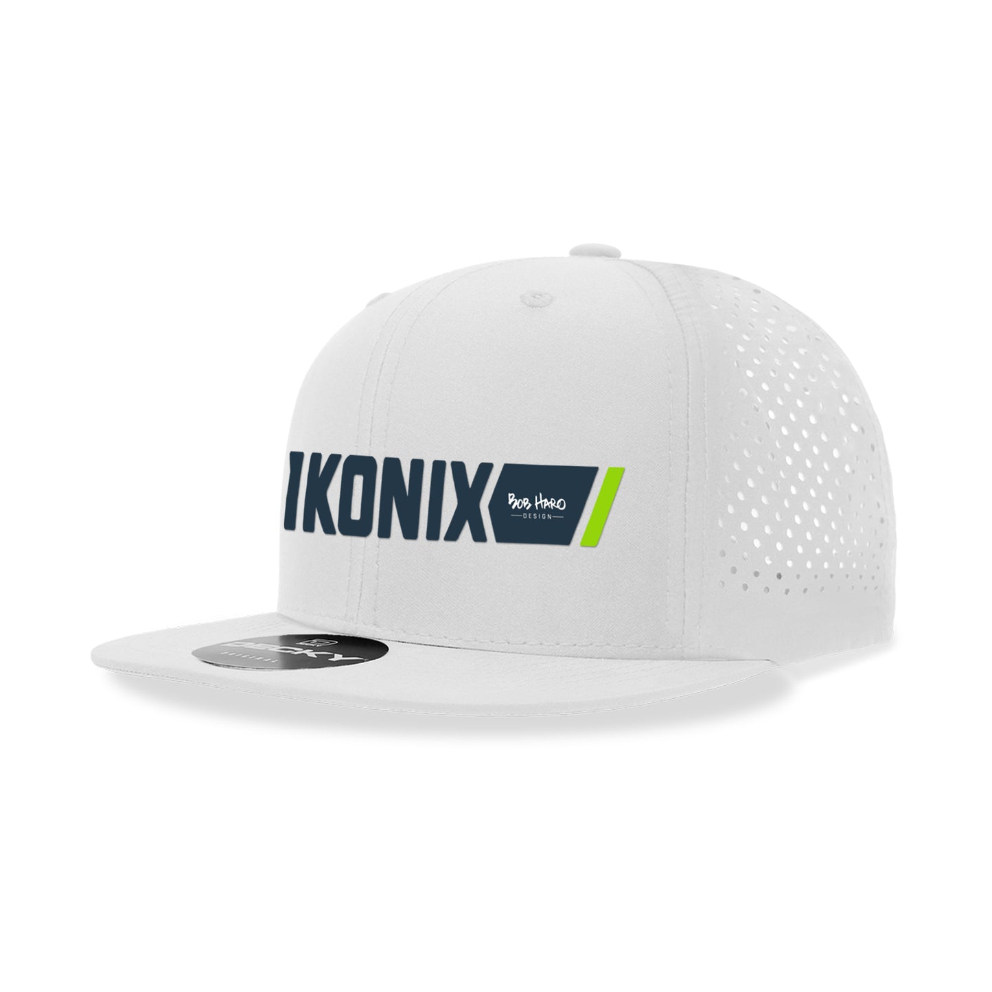 A white perforated performance cap with the brand name IKONIX on the front, featuring a flat visor, a plastic snap closure, and ventilation eyelets.