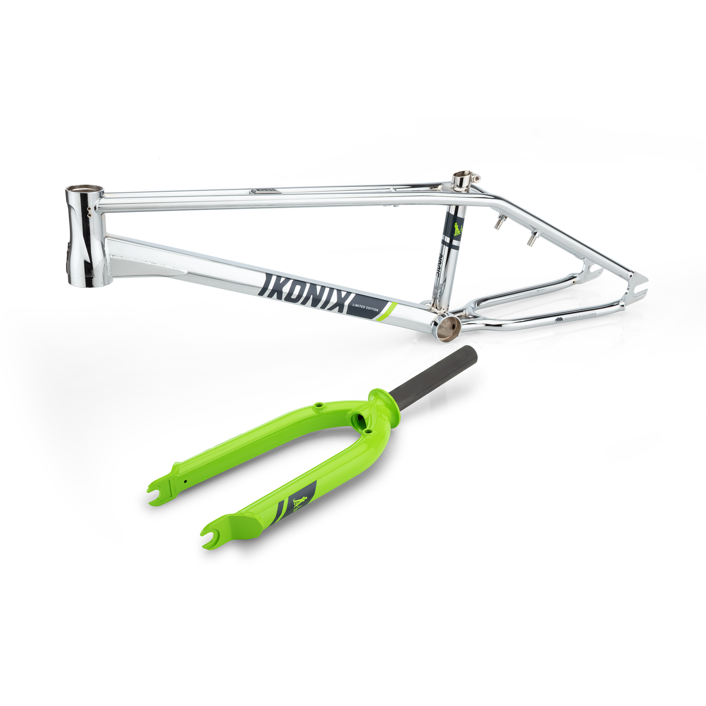 IKONIX FS1 freestyle BMX frameset chrome frame and green fork on a white background