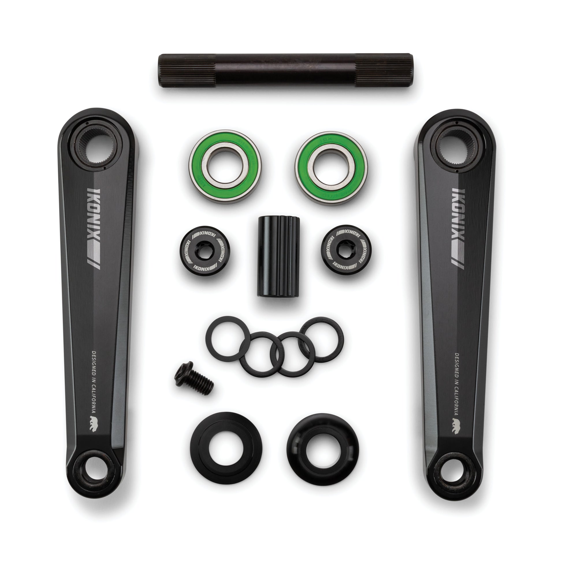 IKONIX BMX crankset components including cranks, bearings, and washers on a white background