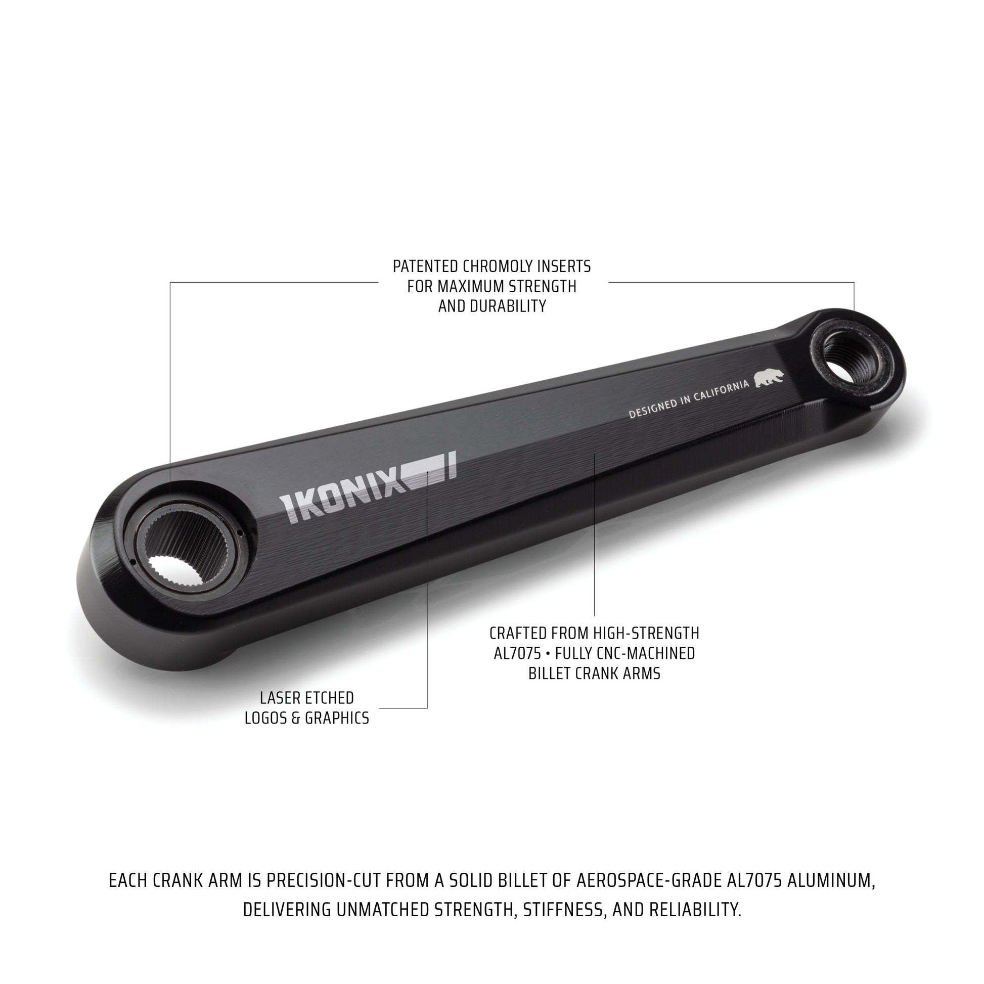 Black bicycle crank arm with Ikonix branding on a white background